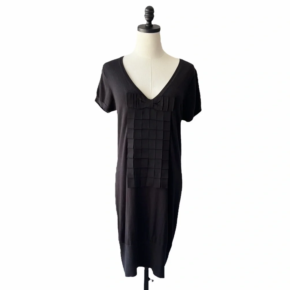 Ted Baker Black Cotton Knit V Neck Ribbon Dress | 3 (M) - Picture 2 of 10